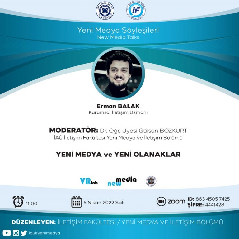 Yeni Medya Buluşmaları kapsamında, Dr. Öğr. Üyesi Gülsün Bozkurt moderatörlüğünde, Kurumsal İletişim Uzamanı Erman BALAK’ın katılımıyla “Yeni Medya ve Yeni Olanaklar” başlıklı etkinliğimiz gerçekleşmiştir. Konuğumuz Erman Balak'a ve katılım gösteren öğrencilerimize teşekkür ederiz.